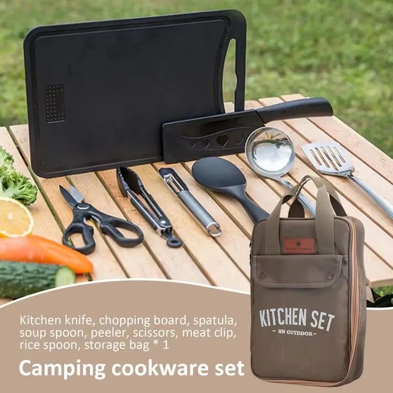 8pcs Camping Kitchen Cookware  - đánh giá và giá Camping Cooking Organizer